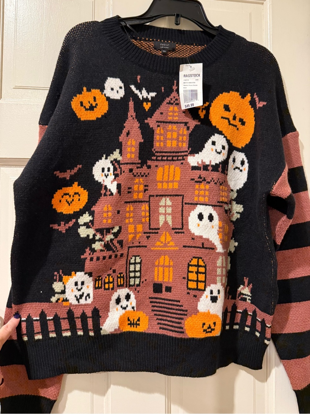 debut Black Halloween Haunted House Sweater with Rust Stripes - Picture 2 of 4